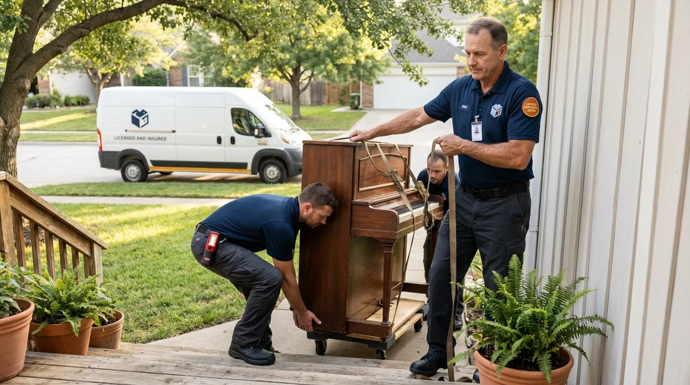Licensed piano movers securing grand piano in Tavernier, FL